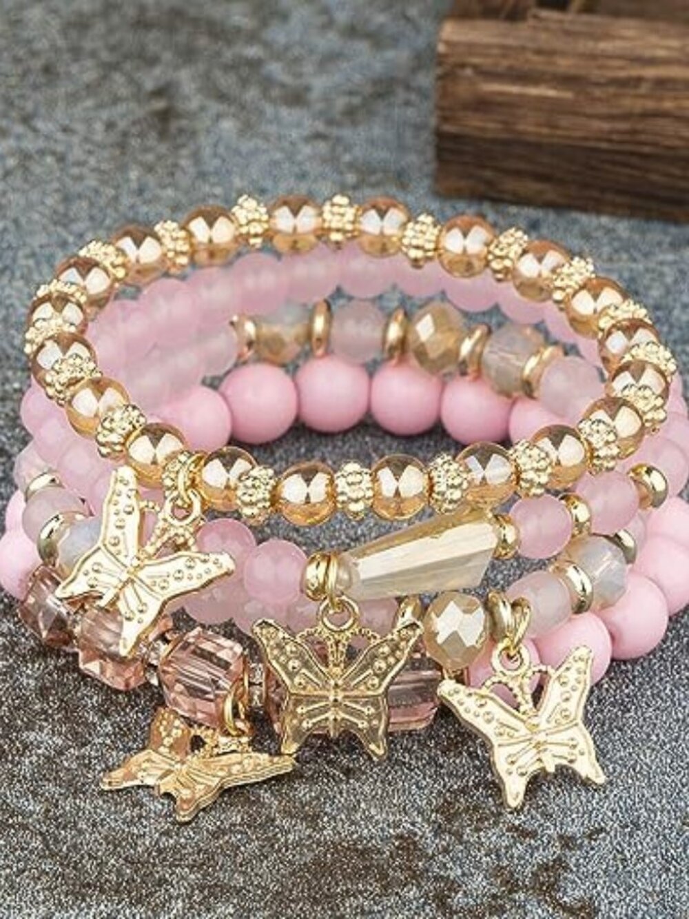 New - 4 Pcs Cute Butterfly Charm Bracelets Set Gold Beaded Stackable‎ Stretch